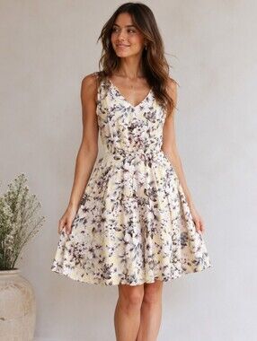 Snidel Sleeveless Floral V-Neck Fit & Flare Beige Romantic Vacation Mini Dress S